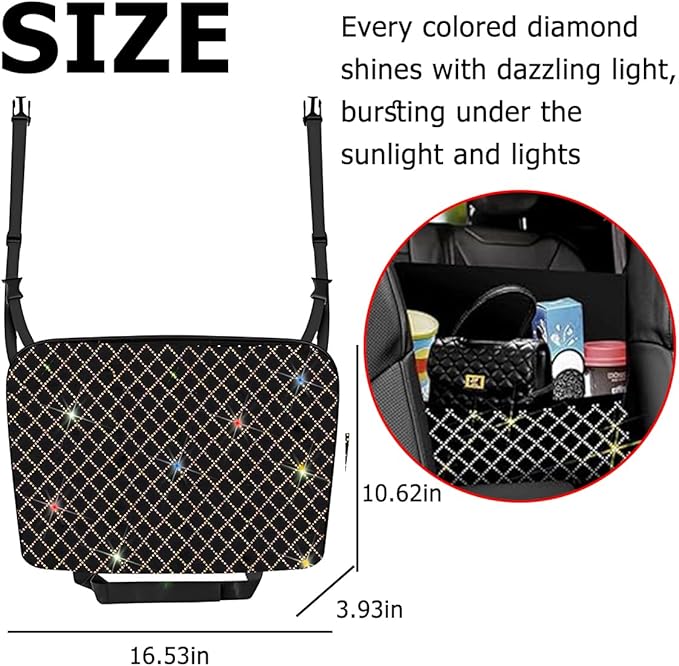 zipelo Bling Car Net Pocket Handbag Holder, Rhinestone Vehicle Backseat Purse Organizer Between Seats, Diamond Hanging Storage Bag Barrier of Pet Kids, Universal Automotive Accessories (Multicolor)