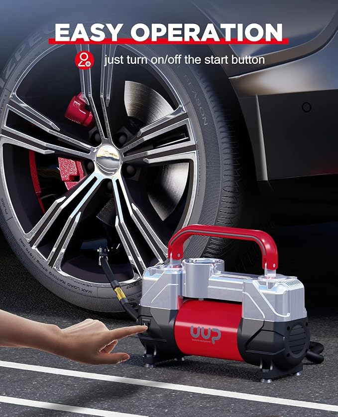 UUP Tire Inflator Air Compressor, 150PSI 12V DC Double Cylinders Heavy Duty Portable Air Pump w/Emergency LED Light for Truck, SUV, Car, RV (red)