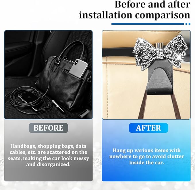 2PCS Bling Bow Car Seat Headrest Hook, Lovely Crystal Rhinestone Back Seat Storage Organizer for Handbag Purse Coat, Girly Sparkling Diamond Backseat Bag Hanger Holder, Universal Fit (Black)