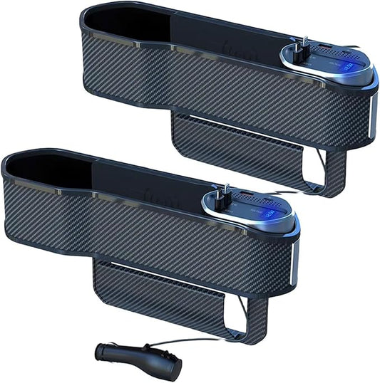 2 pcs Car Seat Gap Filler Organizer,Storage Box with Cup Holder Dual USB Ports,2 Charging Cables and Wireless Charger and Type-C & Quick Charge USB Ports for Cars, SUVs & Trucks