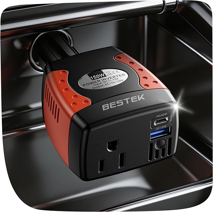 BESTEK 150W Power Inverter 12V to 110V Voltage Converter Car Charger Power Adapter with PD30W QC18W Dual USB Charging Ports