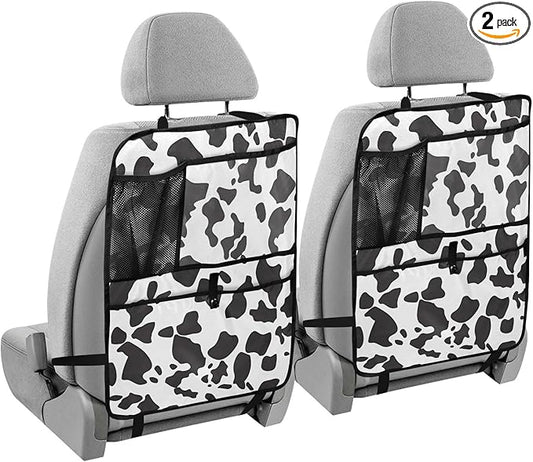 JIPONI Car Backseat Organizer, Cow Print 3 Automotive Back Seat Protector, Kick Mats with Storage Pockets for Kids Pets, Road Trip Accessories (2 Pack)