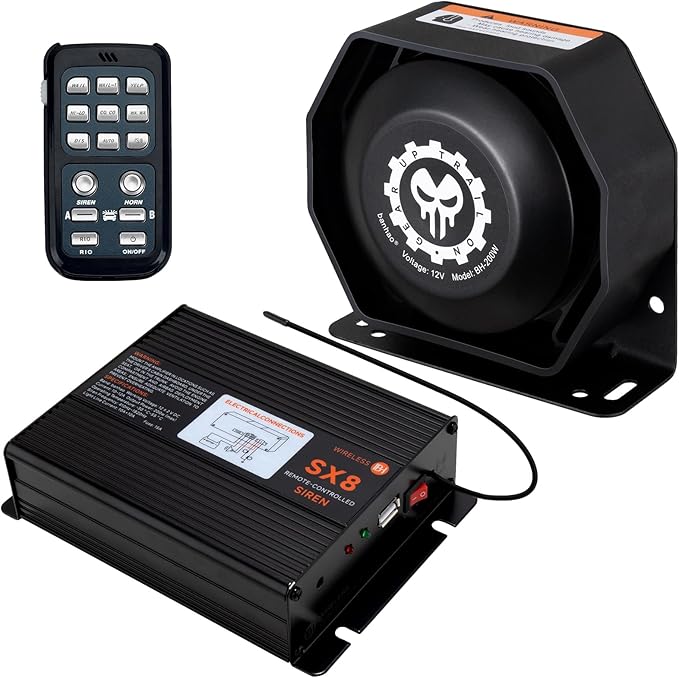 Police Siren Speaker PA System Kit Warning Emergency Siren 12V 200W 125-145dB Remote Control with Handheld Microphone for Ambulance Vehicles Truck Car SUV ATV UTV