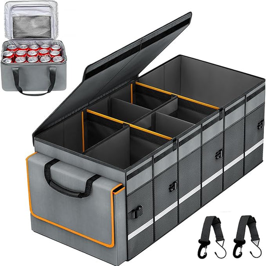 Car Trunk Organizer and Storage with Removable Leakproof Cooler Bag, 6 Removable Dividers for Custom Space, Collapsible Trunk Storage with Non Slip Bottom, Foldable Cover for SUV, Jeep, MPVs