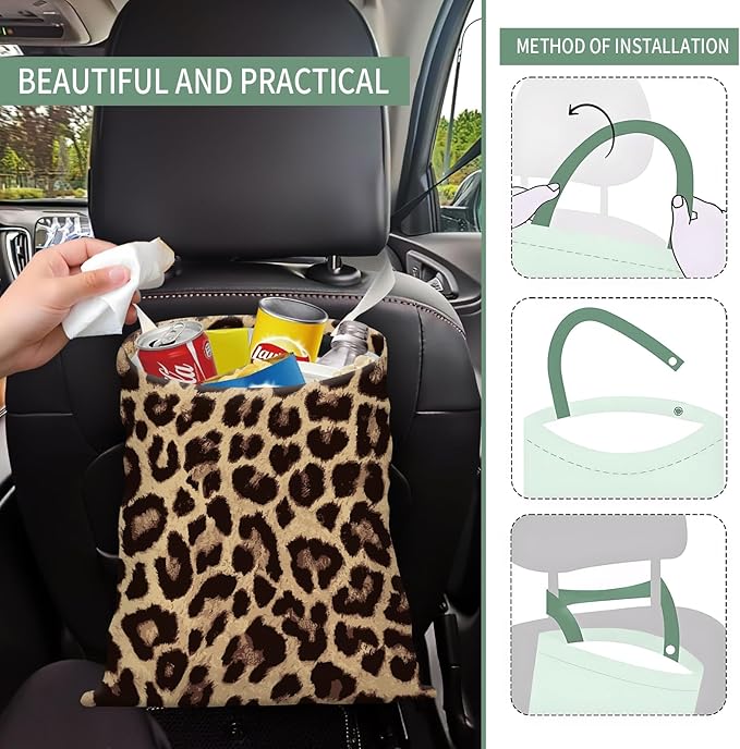 Cute Car Trash Can, Hanging Canvas Car Back Seat Organizer and Storage Bag, Funny Car Trash Bag for Travelling, Outdoor Luxury Brown Leopard