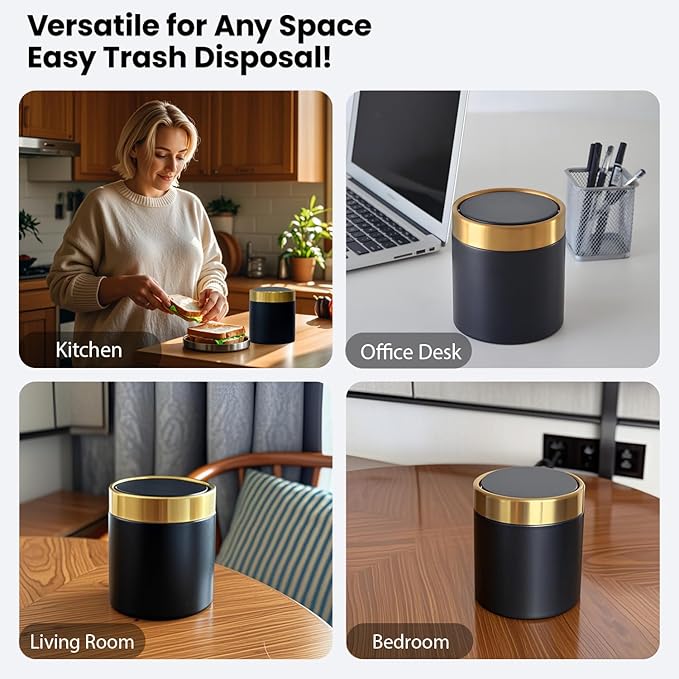 Mini Trash Can with Lid, 1.5 Liter / 0.4 Gallon Small Metal Desk Garbage Bin for Countertop, Coffee Bar, Vanity – Black