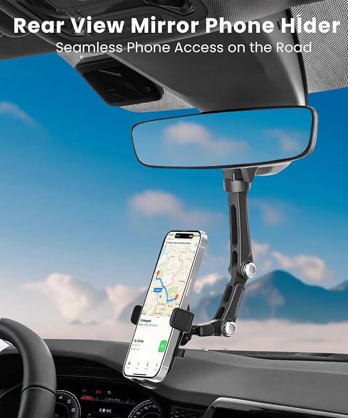 Karmus Rearview Mirror Phone Holder for Car, Rear View Mirror Phone Holder, Rotatable and Retractable Car Phone Holder Mount, Car Truck Essentials Accessories Compatible with All Cell Phones