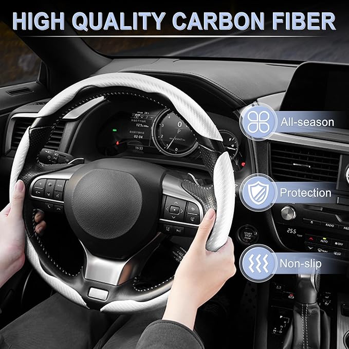 Amiss 3pcs Carbon Fiber Anti-Skid Steering Wheel Cover, Waterproof & Segmented Butterfly Design, Universal 99% Vehicle Wheel Cover Protector, Car Interior Accessories (White-3pcs)