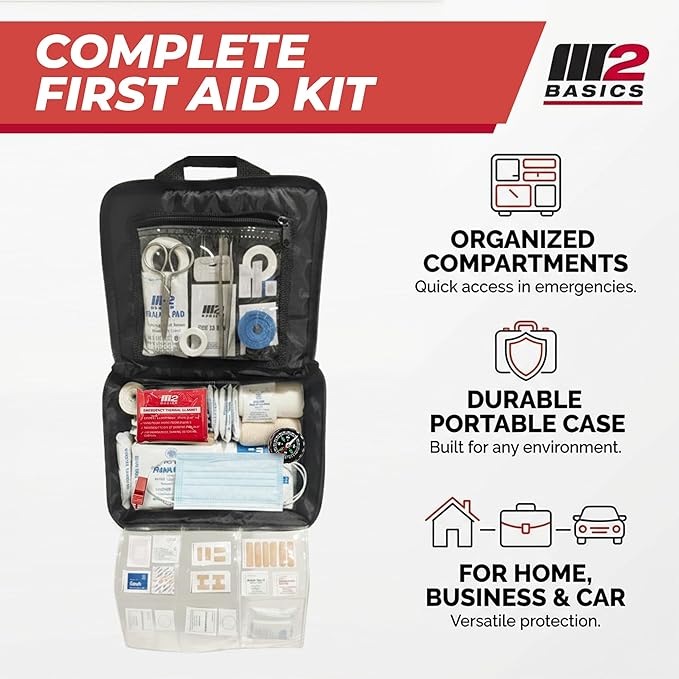 M2 BASICS Premium 300 Piece Professional First Aid Kit, 40 Unique Items, Durable Carry Bag for Home, Car, Business, Travel & Vehicle