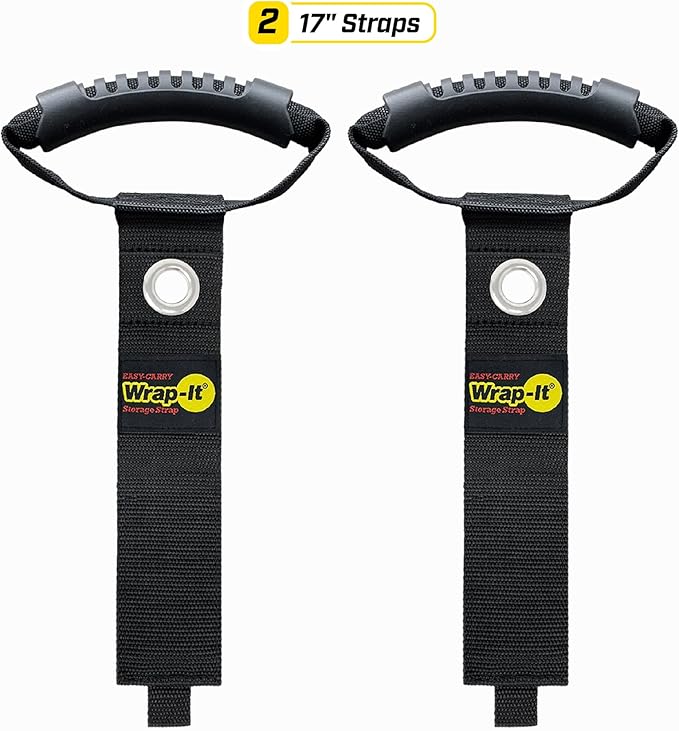 Easy-Carry Wrap-It Storage Straps - 17" (2-Pack) Black with Grommet - Extension Cord Organizer with a Handle for Cable and Hose Storage
