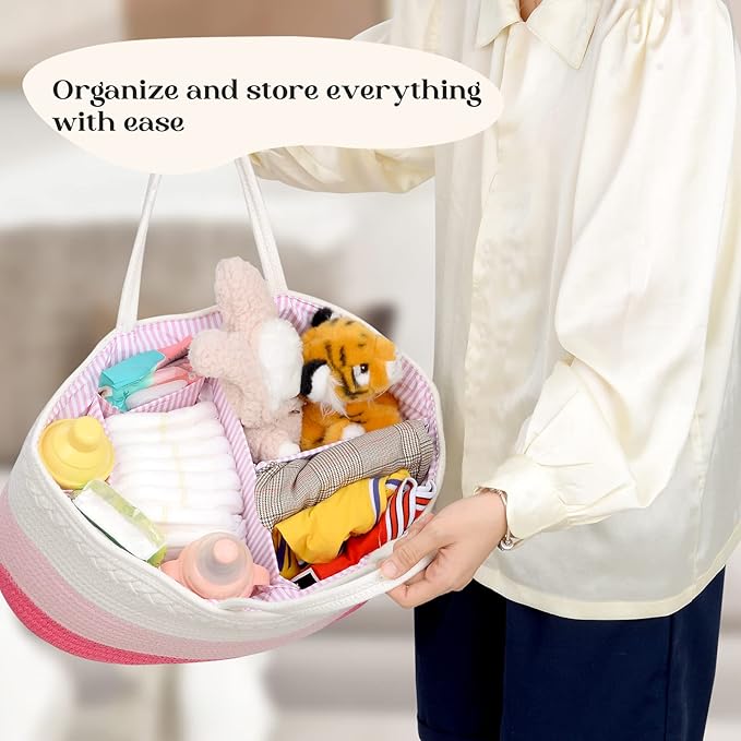 luxury little Diaper Caddy Organizer, Large Cotton Rope Nursery Baby Basket, Changing Table Organizer for Baby Diaper Storage, Portable Car Organizer Removable Divider (Pink, Extra Large)