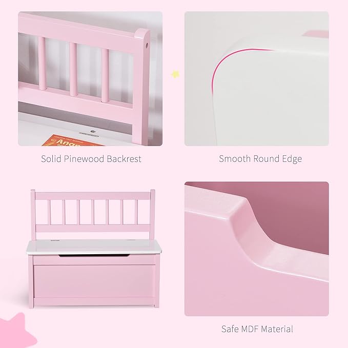 Qaba Toddler Toy Box Storage Bench with Large 27 Liter Interior, Kids Storage Bench Seat with Storage for Toddler Playroom Furniture, Kids Bedroom Furniture, Toy Organizer and Storage Bin Pink