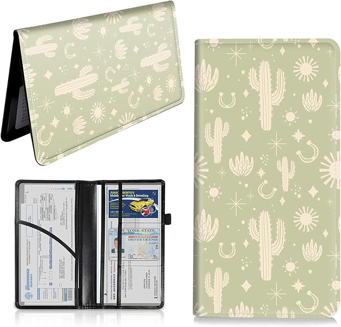 Car Registration and Insurance Card Holder, Vehicle License Documents Glove Box Compartment Organizer Wallet, ID Card Holder for Car Essentials Automobile, Western Boho Cactus