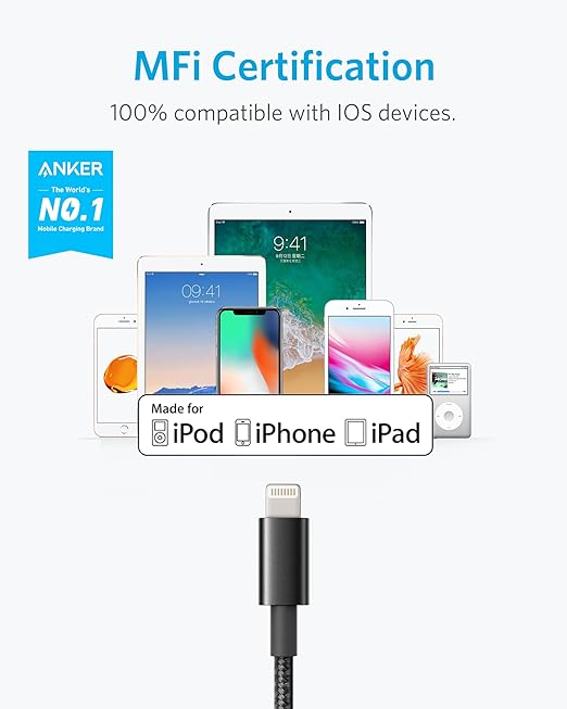 Anker 6 ft Premium Double-Braided Nylon Lightning Cable, Apple MFi Certified for iPhone Chargers, iPhone X/8/8 Plus/7/7 Plus/6/6 Plus/5s, iPad, iPad mini, and More (Black) (Pack of 2)