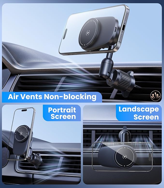 Long-arm Wireless Magnetic Car Phone Holder Mount with Cooling Fan & RGB Lights, 15W Fast Charging Auto-Rotate Charger for iPhone 17/16/15/14/13/12 S25 Samsung Google, Car Air Vent Mount