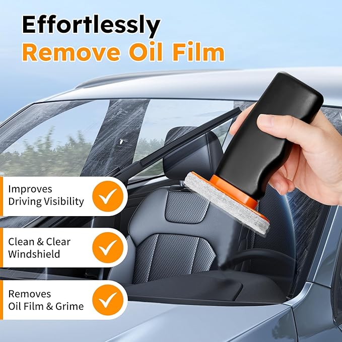 Glass Oil Film Remover for Car Windshield, Handheld Roll-On Glass Emulsion Cleaner with cleaning board, Removes Stubborn Oil Film & Grime for Improved Windshield Clarity for Safe Driving(3.5oz) (1)