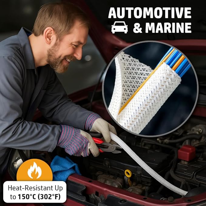 MGI SpeedWare Braided Split-Sleeve White Wire Loom for High-Temperature Automotive Harness and Home Cable Management 25 feet (1/4")