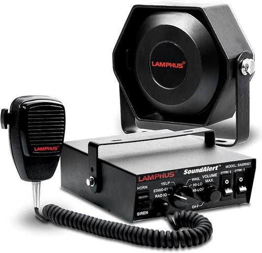 LAMPHUS SoundAlert 12V 100W Police Siren PA System Kit [Slim Speaker] [118-124dB] [Handheld Microphone] [Hands-Free] Warning Emergency Siren for Vehicles Tow Truck UTV ATV Van Car POV RV