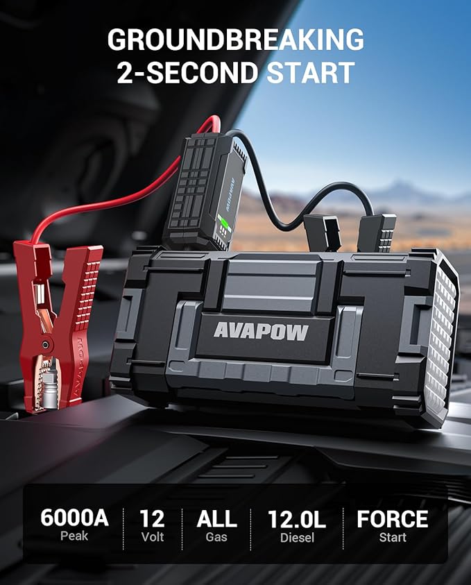 AVAPOW 6000A Car Battery Jump Starter(for All Gas or up to 12L Diesel) Powerful Car Jump Starter with Dual USB Quick Charge and DC Output,12V Jump Pack with Built-in LED Bright Light