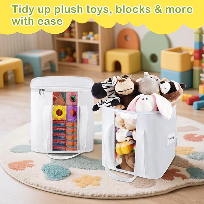 2PCS Toy Cube Storage Bin: Kids Building Blocks Organizer Bag with Zipper Lid & Handles, Clear Foldable Car Toy Container Box for Cubby Shelves, White Small Basket for Living Room, Closet, Playroom