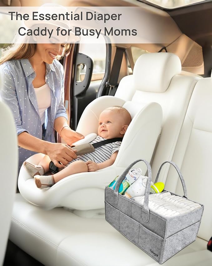 Feagar Baby Diaper Caddy Organizer, 15 Inch Large 2 Pack Set with 8 Pockets & 2 Dividers, Portable Nursery Storage Basket & Car Organizer for Changing Table, Travel (Grey)