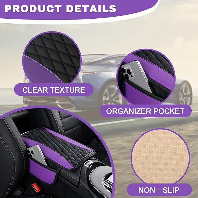 Leather Car Center Console Cover with Side Pockets, Upgraded Arm Rest Cover for Car Seat Organizer, Middle Console Cover Stylish Car Decoration, Universal for Most Vehicles (Purple)