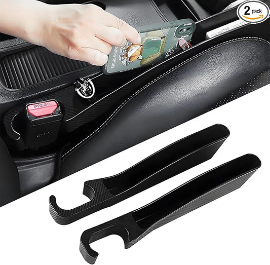 2 PCS Universal Car Seat Gap Filler, Seat Gap Filler with Black-Carbon Fiber Texture for Cars SUV Trucks, Console Side Gap Organizer Storage Box with Charge Cable Hole, Prevent Things from Falling Off