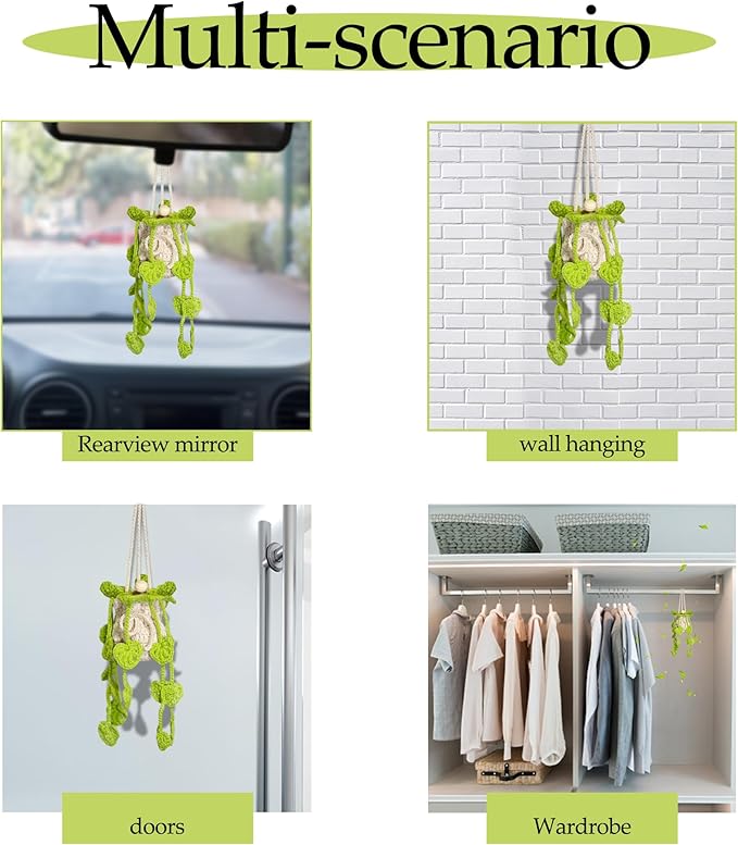 Crochet Car Air Freshener Hanging, Cute Hanging Plant for Cars, Crochet Plant with 10ml Empty Refillable Oil Diffuser Bottle, Handmade Boho Car Ornaments Charms for Rear View Mirror, Green
