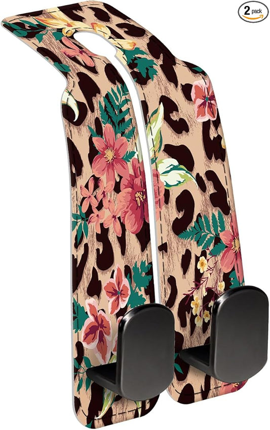 Car Seat Back Storage Headrest Hook, Premium Leather Double Metal Hook, Hanger Storage Organizer for Purse Cloth Bag, Car Interior Accessories Cute Flower Leopard