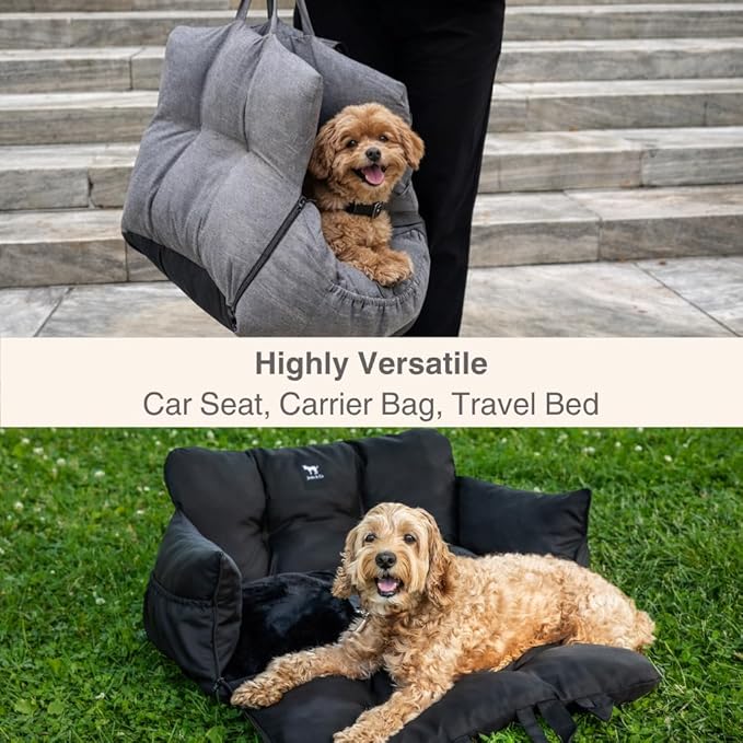 JACKO & CO - Premium Dog Car Seat v2 Booster Seat for Small & Medium Pets Under 40lbs - Machine Washable w Removable Covers, Water Resistant w Clip-On Leash for Back Seat Use (Black Medium (20-40lbs)