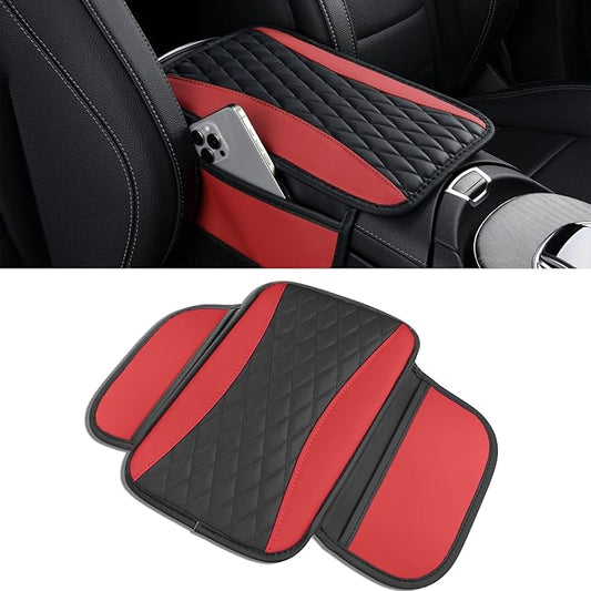 Leather Car Center Console Cover with Side Pockets, Upgraded Arm Rest Cover for Car Seat Organizer, Middle Console Cover Stylish Car Decoration, Universal for Most Vehicles (Red)