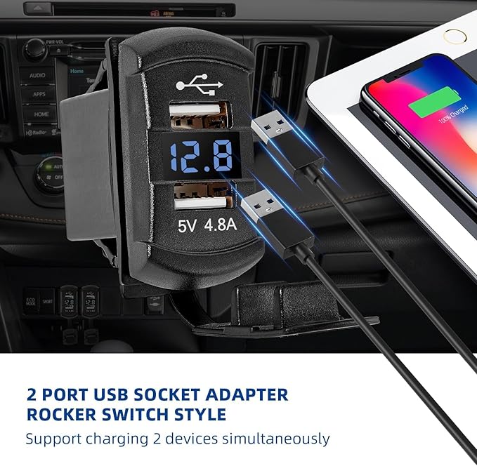 Anina Rocker Switch Style Dual USB Car Charger Port, 12V-24V Waterproof USB Socket with Blue LED Voltmeter, 4.8A USB Outlet Replacement for Marine Toggle Switch Panel on Boat Truck SUV RV UTV