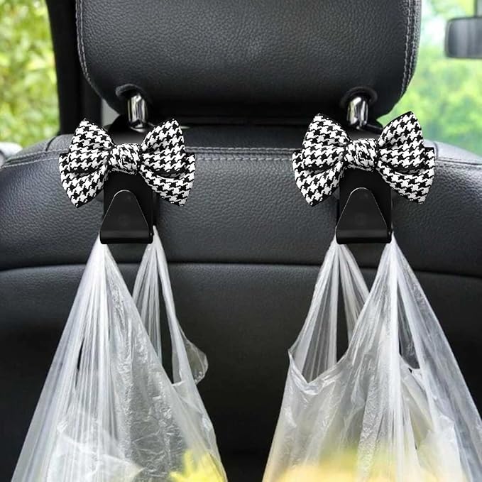 Mandark 2PCS Car Seat Headrest Hooks, Cute Bow Vehicle Hooks for Purses and Bags, Automotive Purse Hook Hanger Interior Decoration Accessories, Universal for SUV, Sedan, Truck (Black/Small)