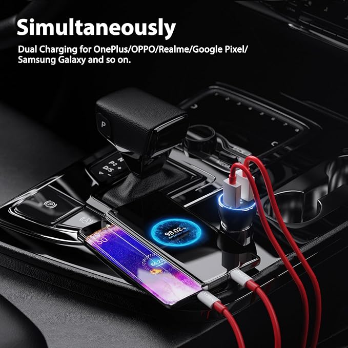 Car Charger for SuperVooc 100W 80W for OnePlus 13 15 13R 12R 12 11 10 Pro, 65W Charger for OnePlus Nord N30 N100 Open Pad 9 Pro 8 7T 6T 6 LED Display Dual USB Car Charge Adapter 3.3FT Fast Cable