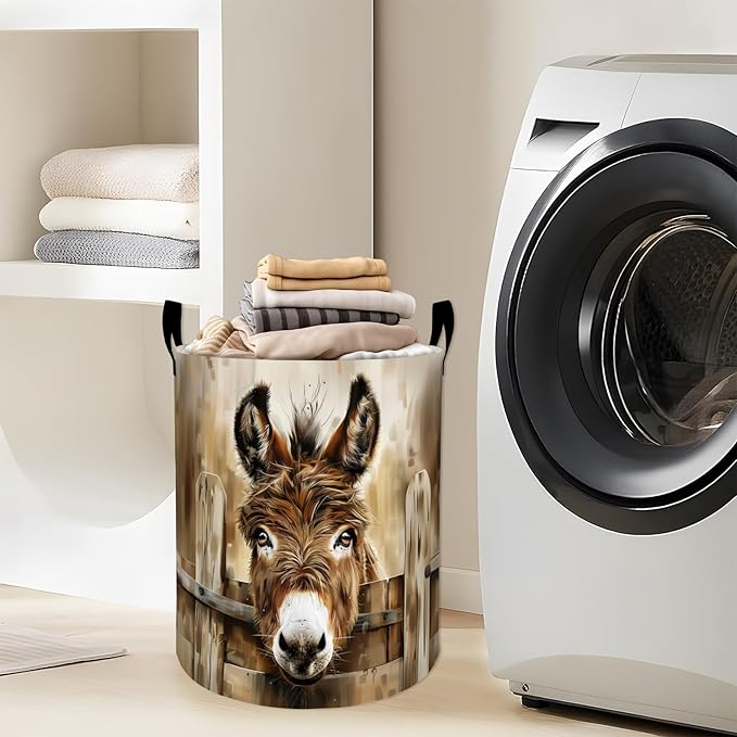 Brown Donkey Wooden Fence Laundry Basket with Handles, 19.7"x15.7" Clothes Foldable Laundry Hamper Organizer for Dorm Nursery Bedroom Bathroom Decor, Toy Storage Bin for Kids