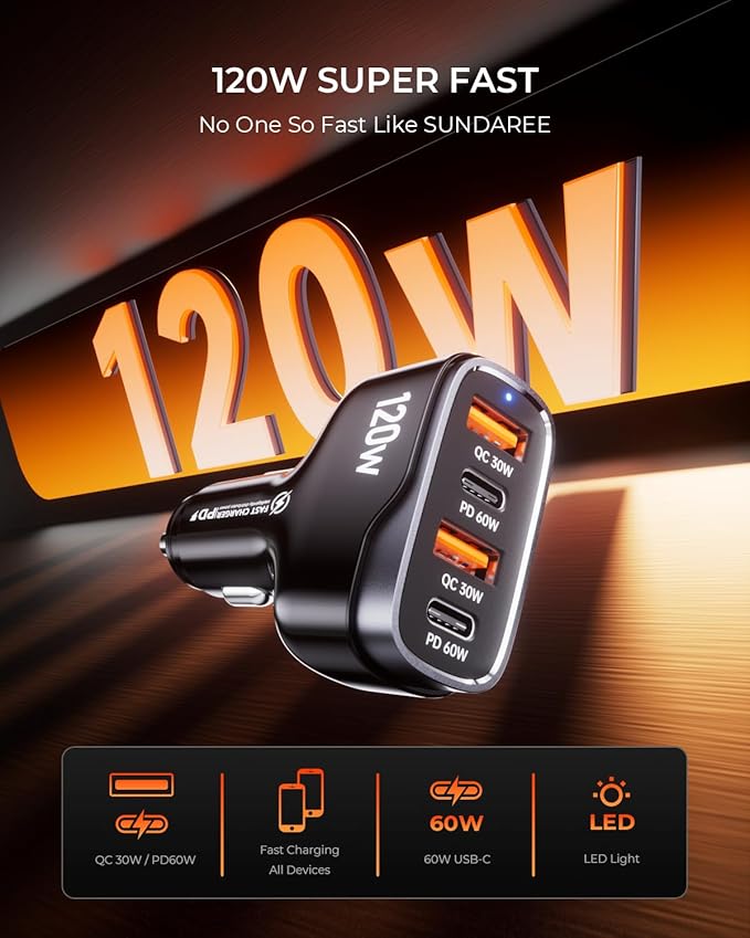 USB C Car Charger, 120W 4 Ports Super Fast Car Charger Adapter, Dual USB-C & USB-A PD60W/QC30W Fast Charging Cigarette Lighter for iPhone 17/16/15/14/13, Samsung Galaxy S25 Ultra/S24, Pixel, Android
