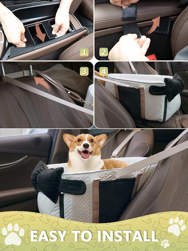 Prpeko Small Dog Car Seat, Portable Dog Seat with Soft Washable Cushion,Center Console Dog Car Seat for Small Dogs Up to 13lbs(White)