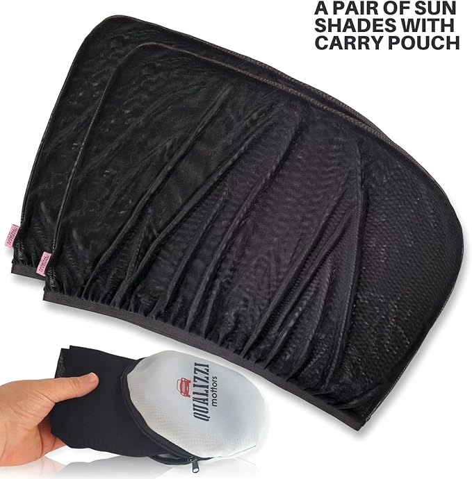 M/Car Window Sun Shades for Baby (9 Sizes) - Back Seat Stretchy Mesh Sock Style Heat Blockers for Side Windows, Protects from Sun, Bugs, UV & Ensures Privacy, 2-Pack by Qualizzi