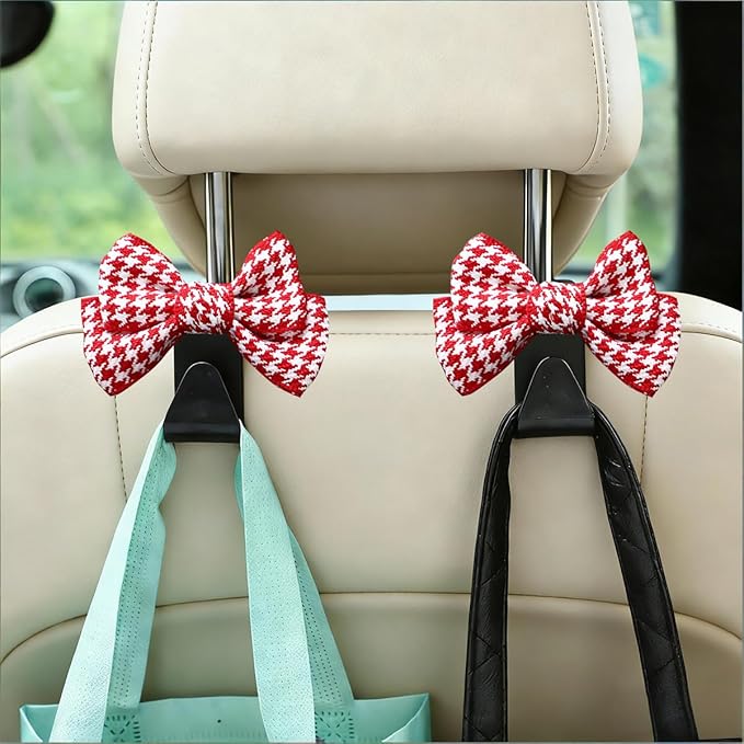 2PCS Car Seat Headrest Hooks, Cute Bow Vehicle Backseat Storage Hanger for Handbag Umbrella Coat, Auto Seat Back Hook Holder Organizer Decor, Universal for Vehicles (Small Red Houndstooth)