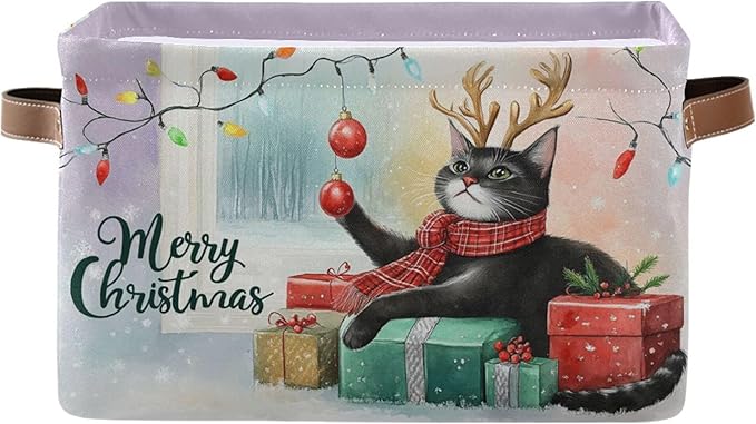 Christmas Cat Storage Basket with Waterproof Liner and PU Handles Xmas Bells Winter Kitty Snowflake Storage Bins Boxes 14.2" Collapsible Decorative Organizer Baskets for Bedroom Closet Office 1 Pack
