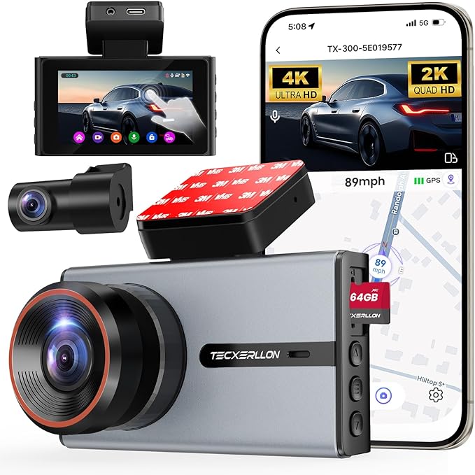 TECXERLLON 4K Dash Cam with ADAS Assist, 3.6" IPS Touchscreen, Built-in GPS & 5G WiFi, G-Sensor, Dash Camera with Starlight Night Vision, 170°/150° Wide View, 24H Parking, Free 64GB Card Included