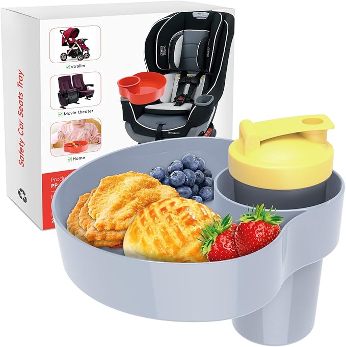 Car Seat Snack Tray for Kids: Kids Car Travel Tray with Cup Holder, Toddlers Road Trip Essential, Snacks Food Plate for Stroller, SnackTray with a Cup Holder (1, Gray)