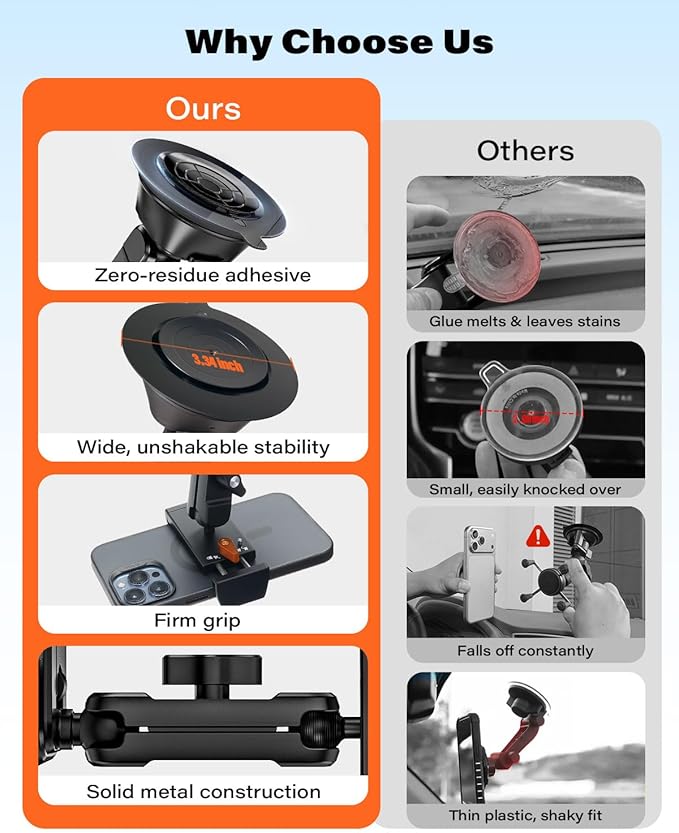 A2C Heavy Duty Suction Cup Phone Mount with Aluminum Alloy Arm & Clamp, 66LBS Vacuum Suction Phone Mount for Windshield Dashboard, Universal Car Phone Holder for All Phones Fit Jeep Wrangler, F150