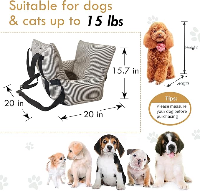 Dog Car Seats for Small Dogs, Puppy Car Seat Under 15 lbs, Small Dog Bed for Travel, Elevated Pet Seat with Safety Belt, Non-Slip Base, and Storage Pockets