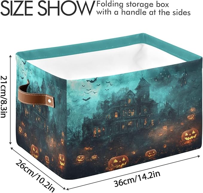 Halloween Castle Storage Basket with Waterproof Liner and PU Handles Spooky Bat Pumpkin Lantern Storage Bins Boxes 14.2" Collapsible Decorative Organizer Baskets for Bedroom Closet Office 1 Pack