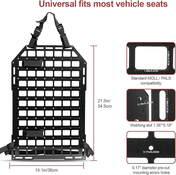 1 Pack Molle Panel for Vehicles 21.3"*14.2" Rigid Molle Seat Back Panel Organizer Modular Storage & Display Tactical Car Seat Organizer