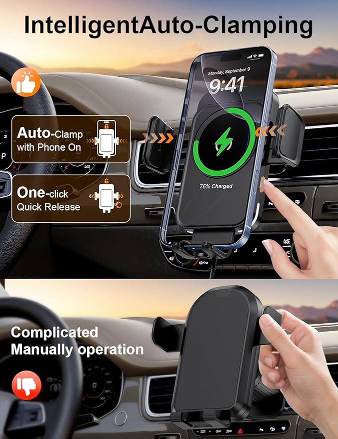 Wireless Car Charger, 15W Fast Charging [Auto Clamping] [Auto alignment] Phone Holders for Your Car Dashboard Windshield Air Vent Car Accessories for iPhone 17 16 15 14 13 12 Series, Samsung Galaxy