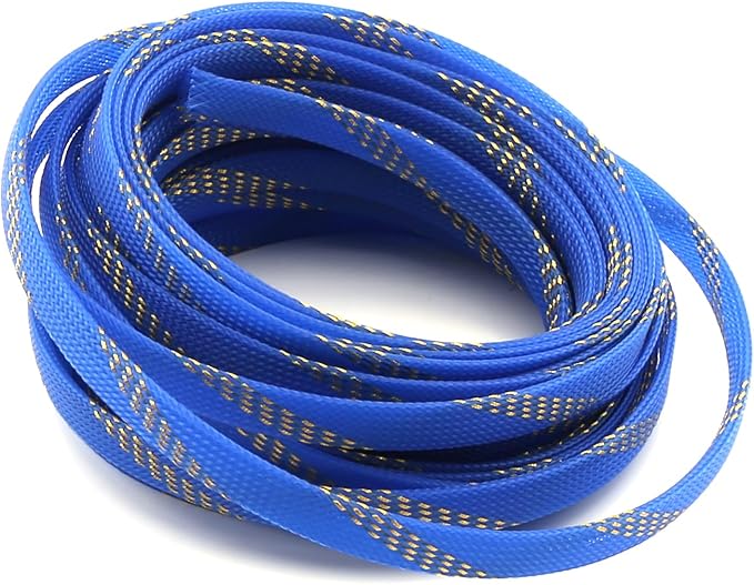 Aicosineg Cable Sleeve Braided Sleeving PET Wire Loom Tubing Cable 32.81ft-4/9inch Wrap Protector for HiFi Audio and Video Headphone Cable Protect Wires from Chewing of Pets Blue and Gold