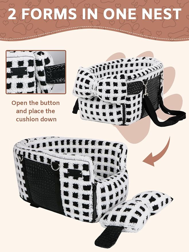 Prpeko Portable Dog & Cat Car Seat - Center Console Booster Seat with Pillow (Grid-White, Under 13 lbs)
