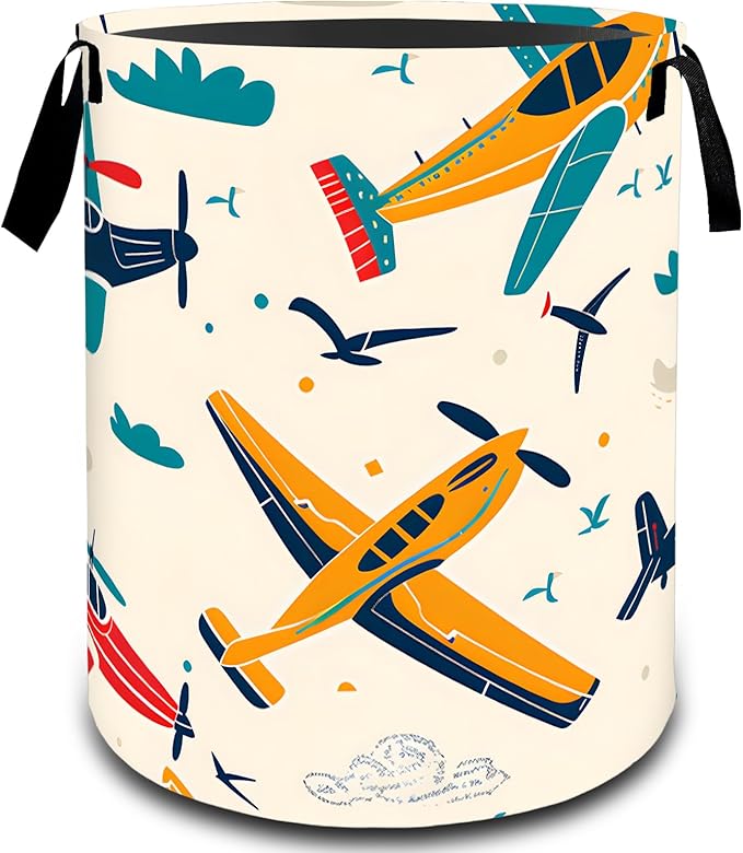Retro Colorful Airplane Sky Laundry Basket, Dirty Collapsible Clothes Toy Organizer Hamper for Kids Adults, Oxford Cloth Waterproof Storage Bin for Room Bathroom Home Decor Gifts, 19.7"X15.7"